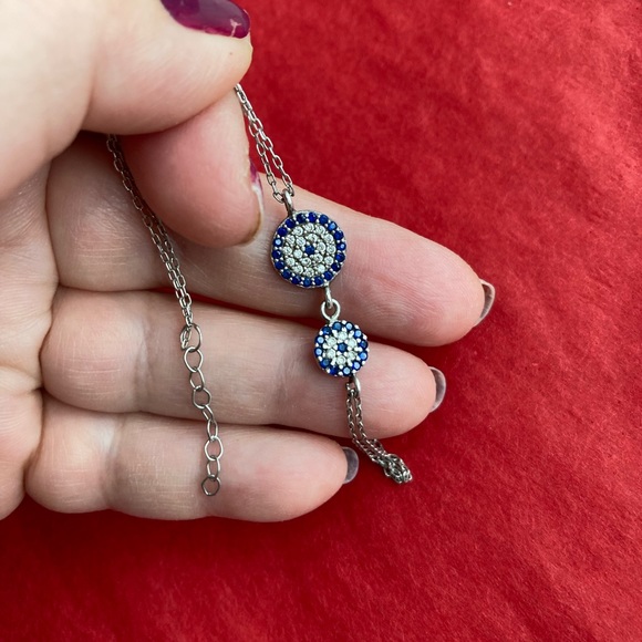Evil Eye Silver Bracelet, double chain, 925 stamped, 2 eyes with cubic zirconia - Picture 2 of 8